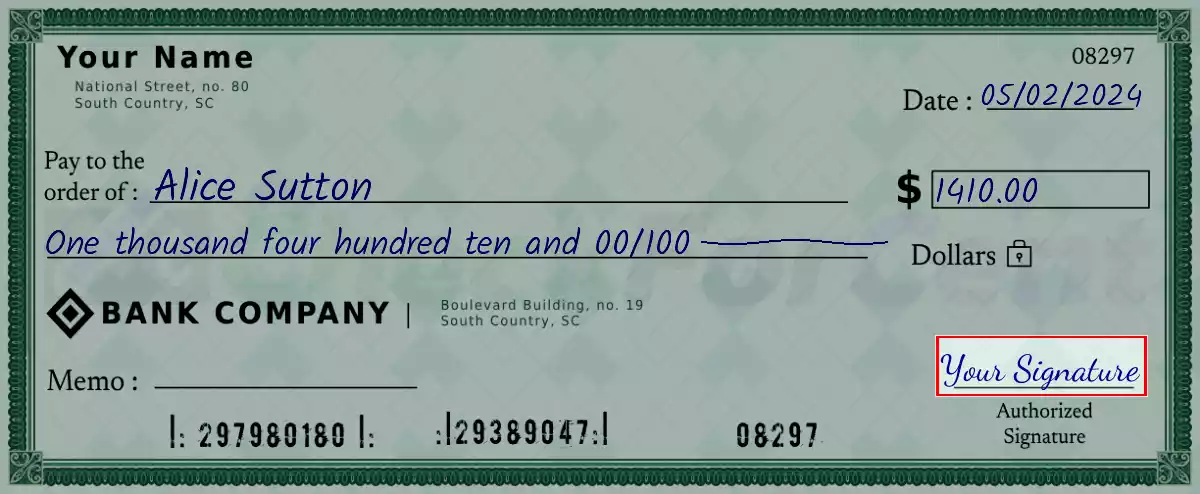 Sign the 1410 dollar check