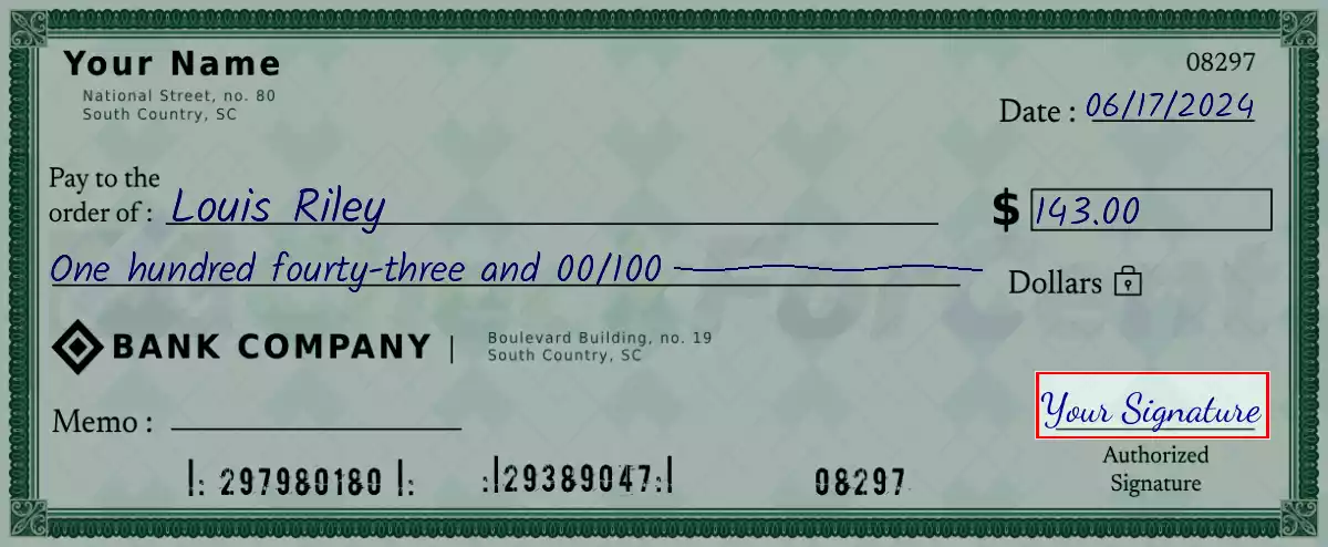 Sign the 143 dollar check