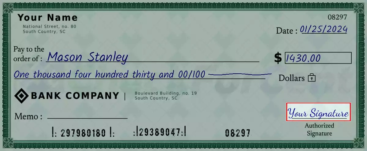 Sign the 1430 dollar check