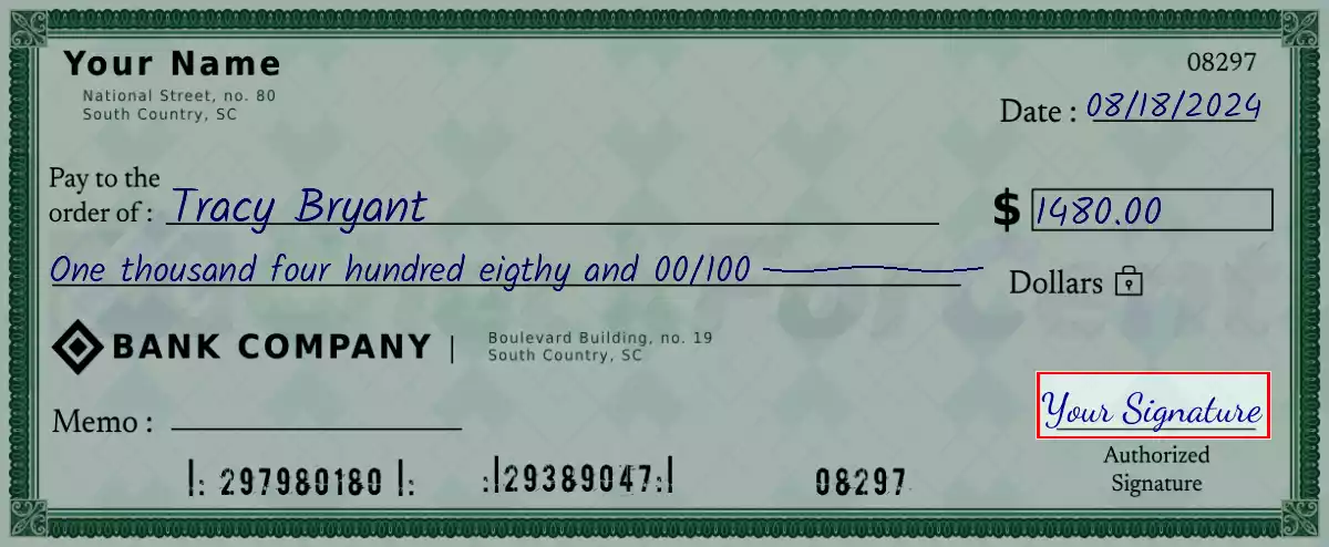 Sign the 1480 dollar check