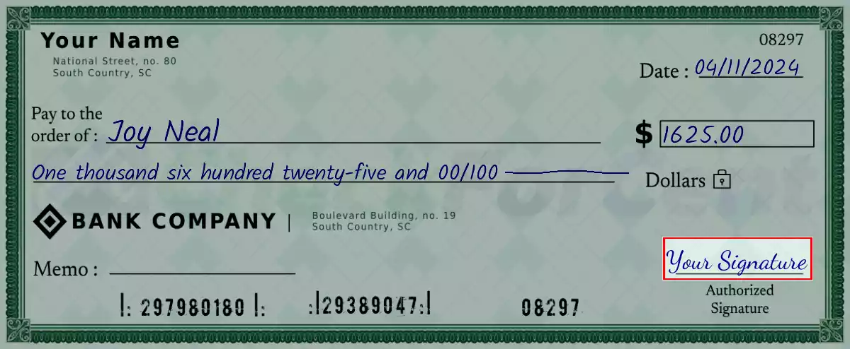 Sign the 1625 dollar check