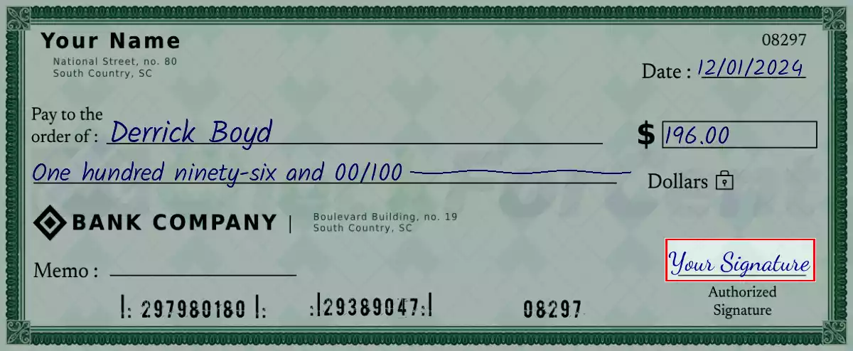 Sign the 196 dollar check