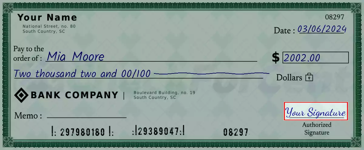 Sign the 2002 dollar check