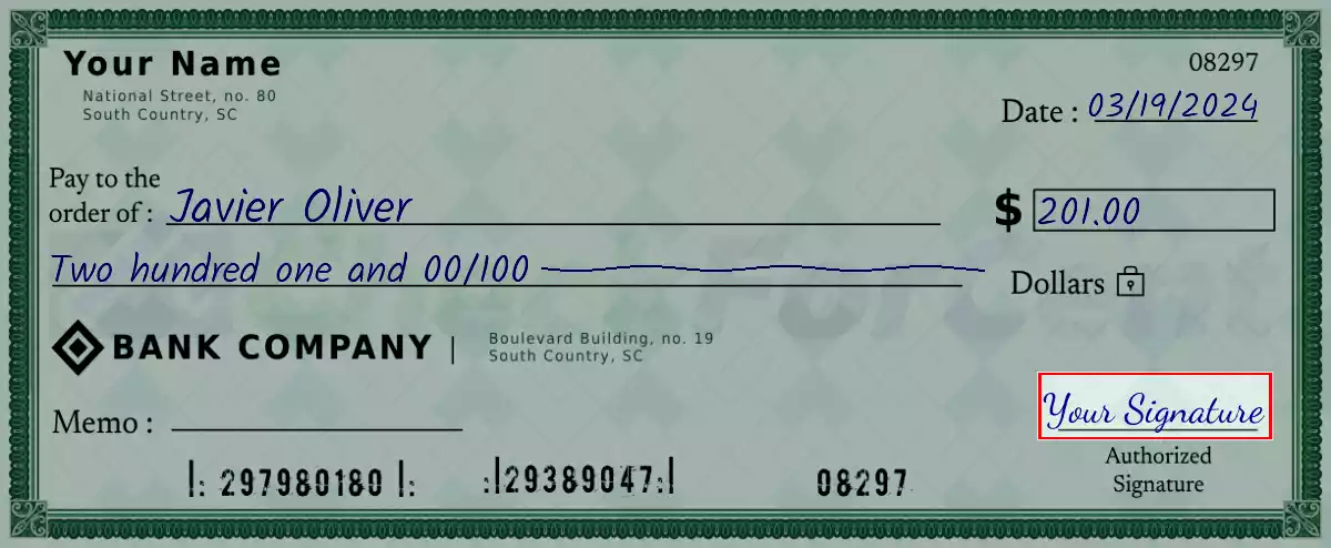 Sign the 201 dollar check