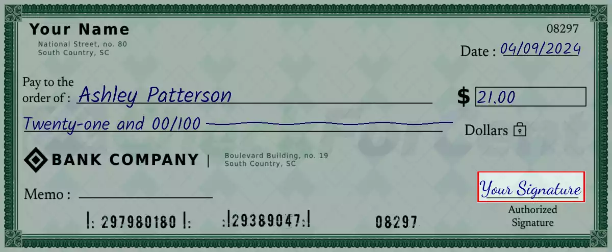 Sign the 21 dollar check