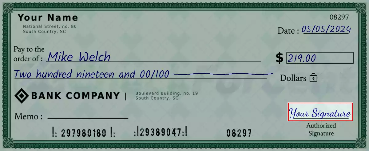 Sign the 219 dollar check