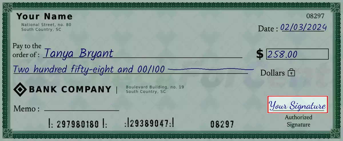 Sign the 258 dollar check