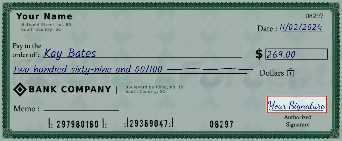 Sign the 269 dollar check
