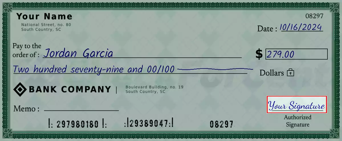 Sign the 279 dollar check
