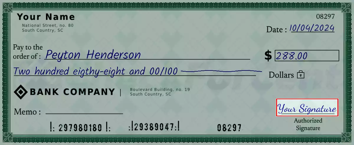 Sign the 288 dollar check