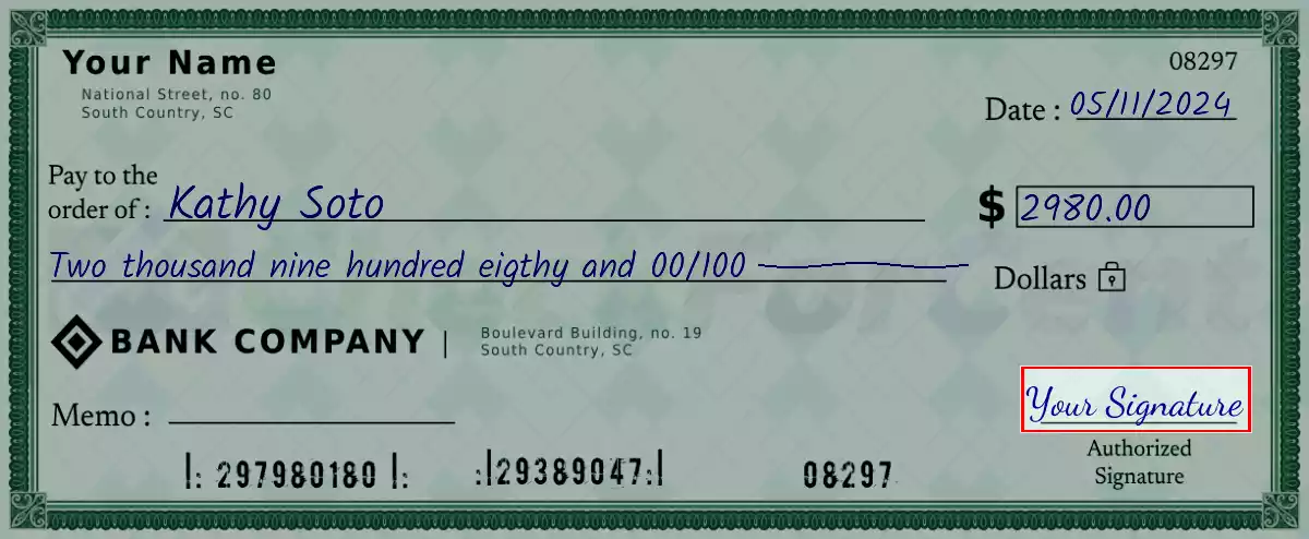 Sign the 2980 dollar check