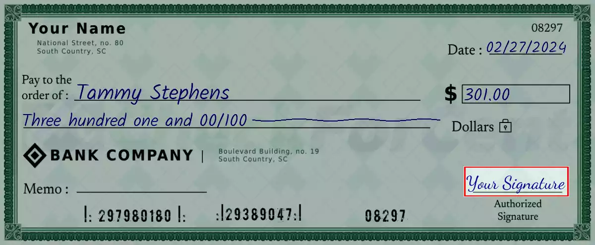 Sign the 301 dollar check