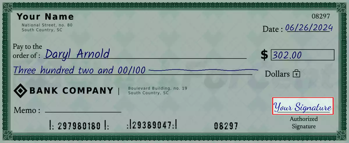 Sign the 302 dollar check