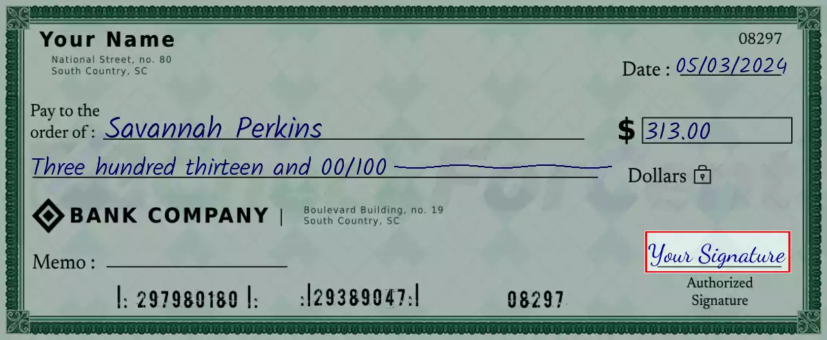 Sign the 313 dollar check