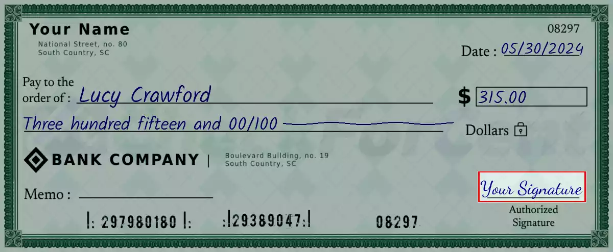 Sign the 315 dollar check