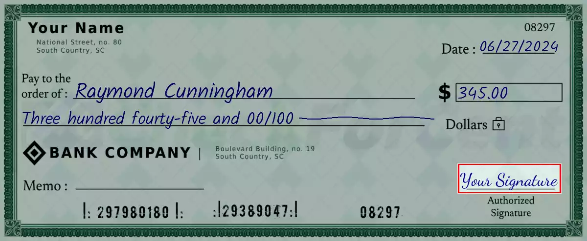 Sign the 345 dollar check