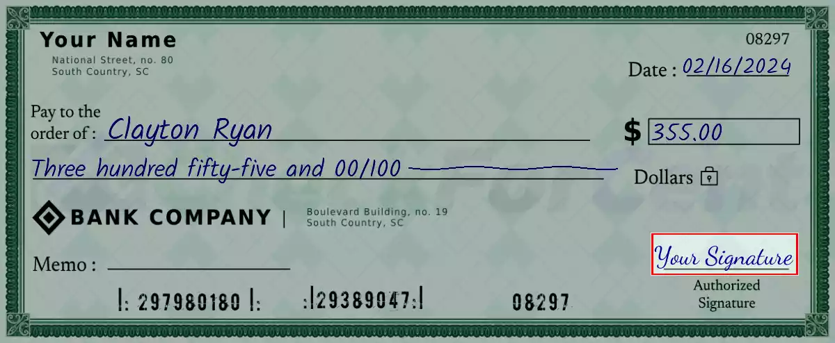 Sign the 355 dollar check