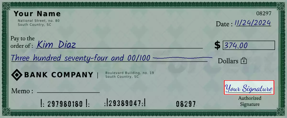 Sign the 374 dollar check