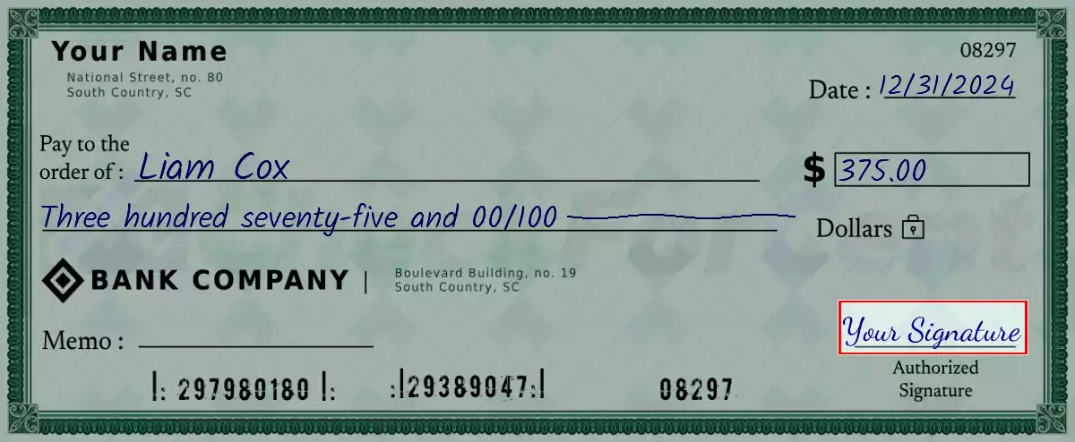 Sign the 375 dollar check