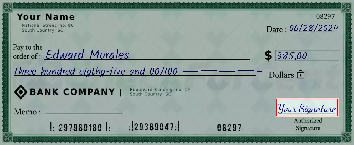 Sign the 385 dollar check
