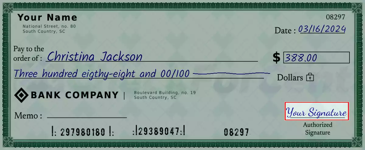Sign the 388 dollar check