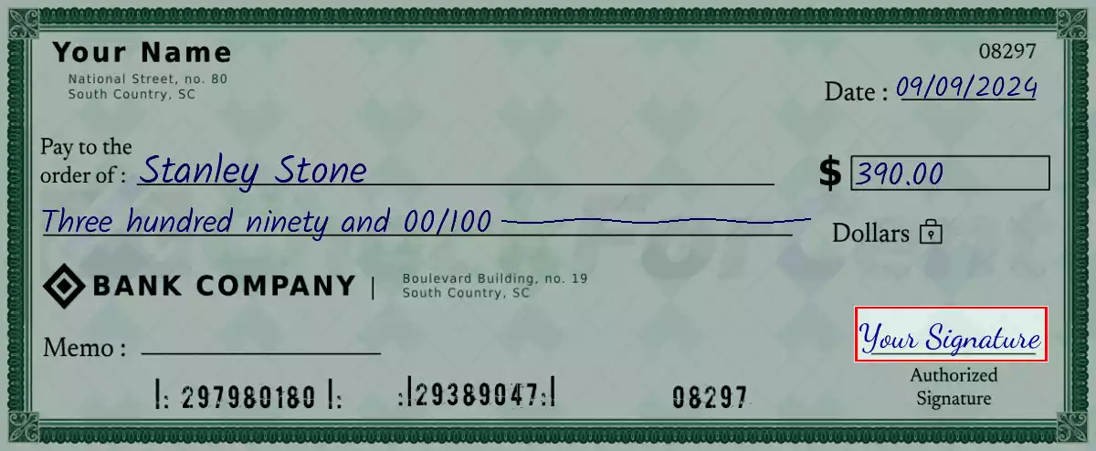 Sign the 390 dollar check