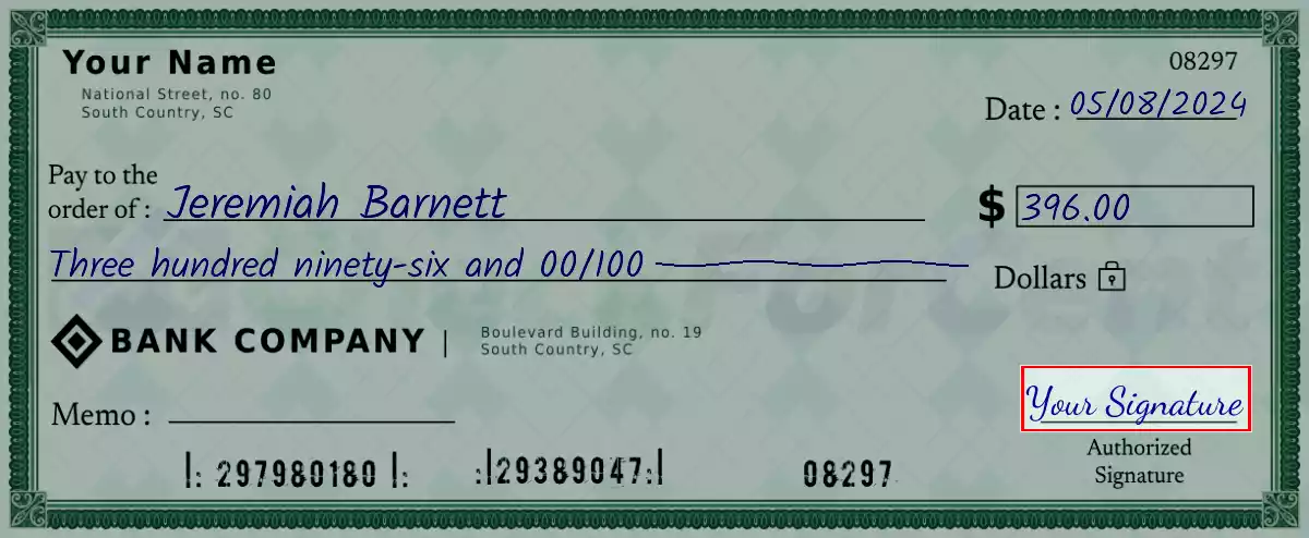 Sign the 396 dollar check