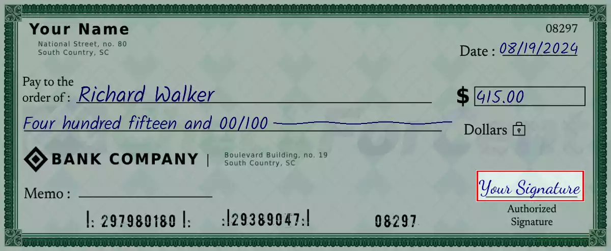 Sign the 415 dollar check