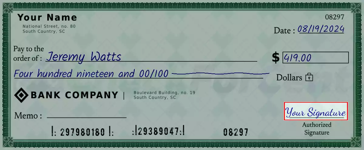 Sign the 419 dollar check