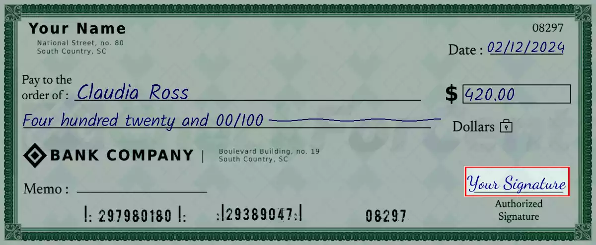 Sign the 420 dollar check