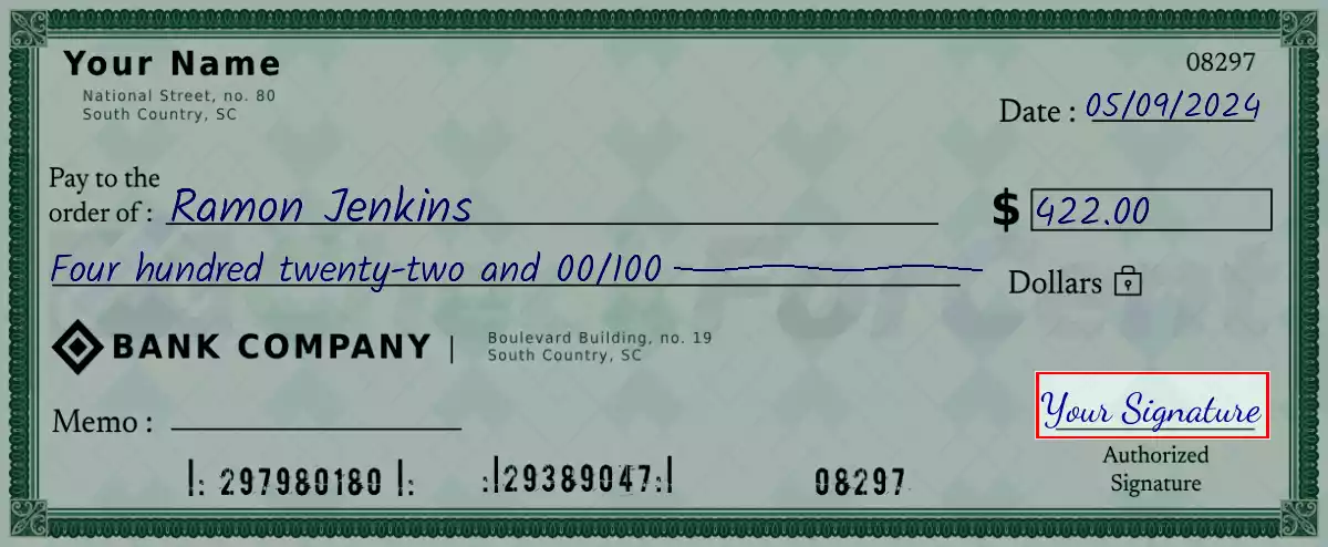 Sign the 422 dollar check