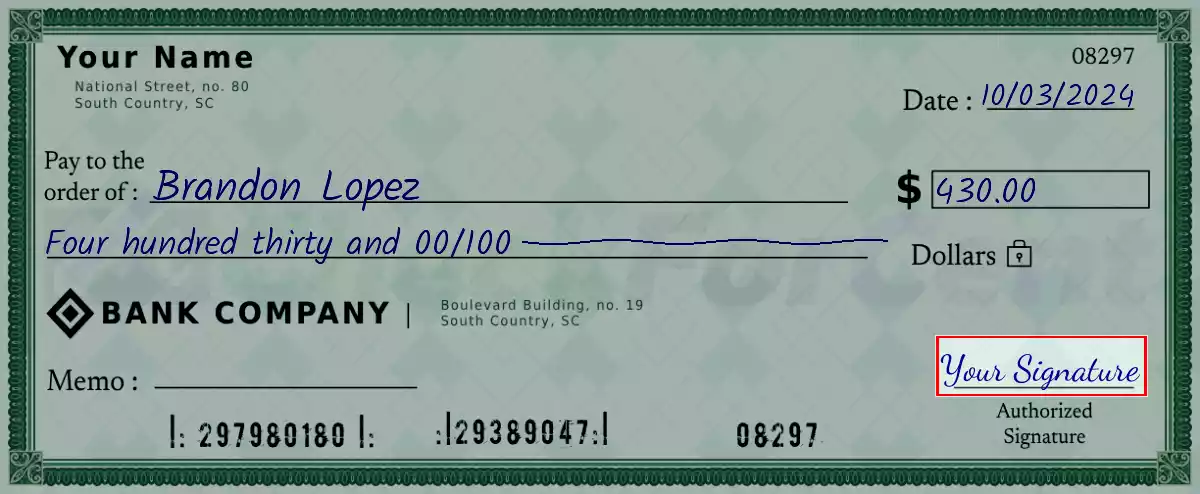 Sign the 430 dollar check
