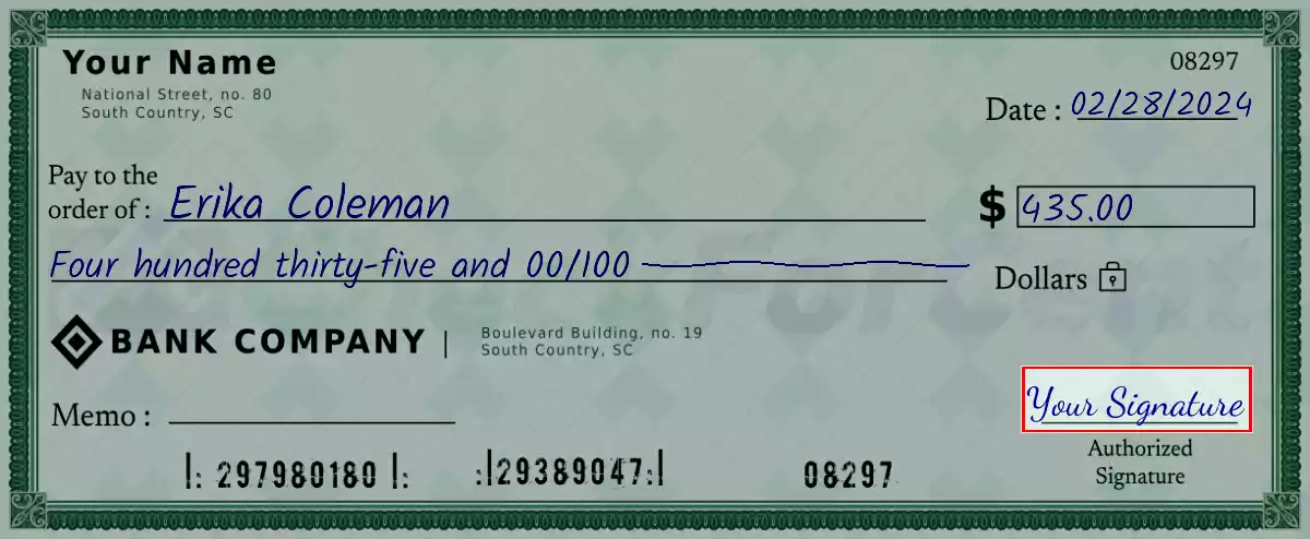 Sign the 435 dollar check