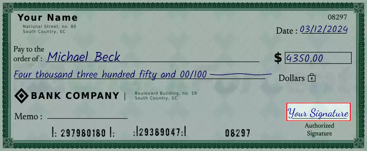 Sign the 4350 dollar check
