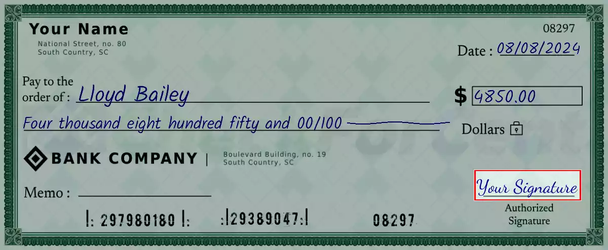 Sign the 4850 dollar check