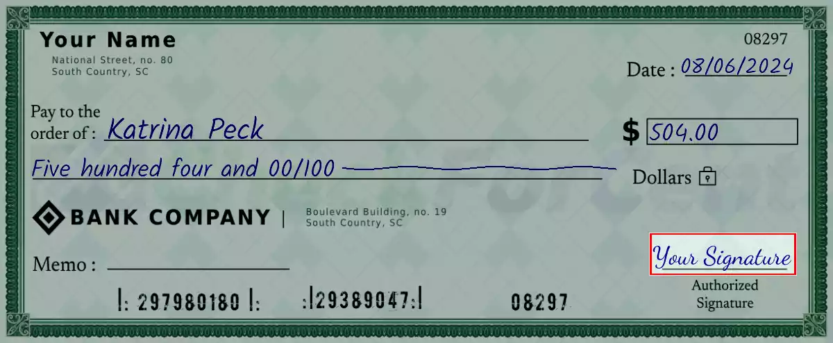 Sign the 504 dollar check