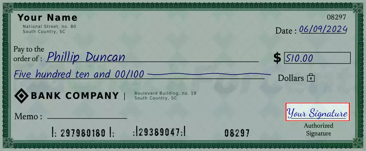 Sign the 510 dollar check