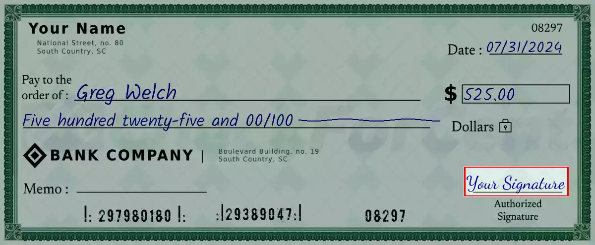 Sign the 525 dollar check