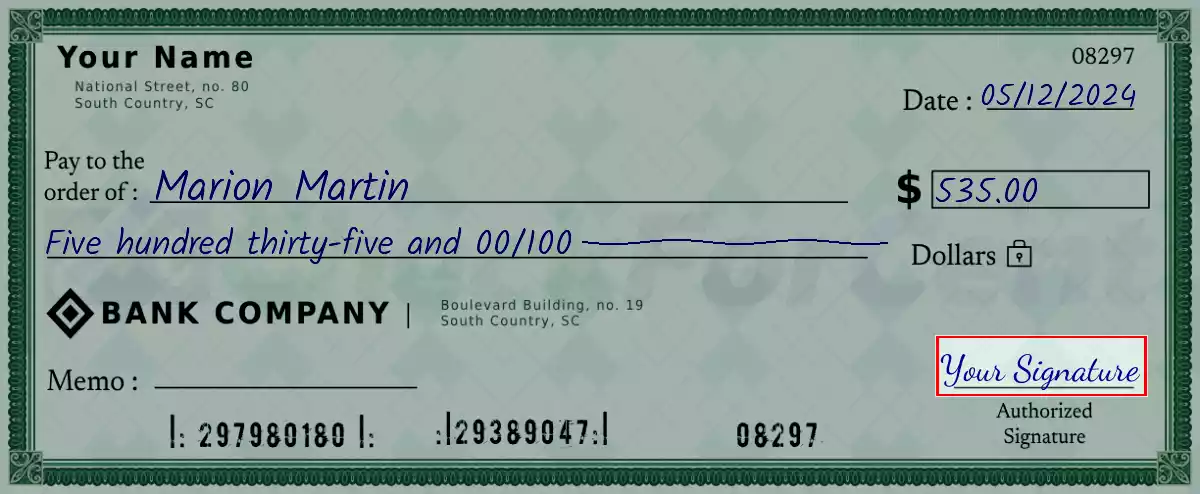 Sign the 535 dollar check