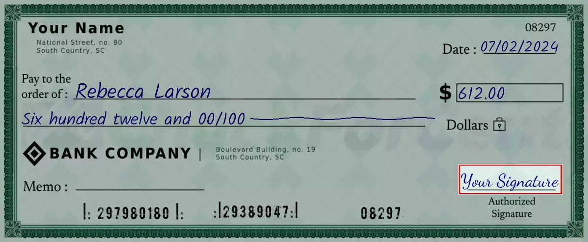Sign the 612 dollar check