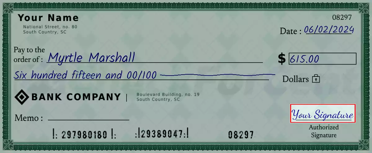 Sign the 615 dollar check