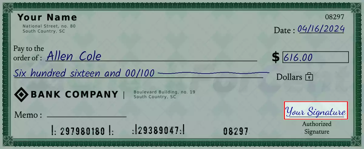 Sign the 616 dollar check