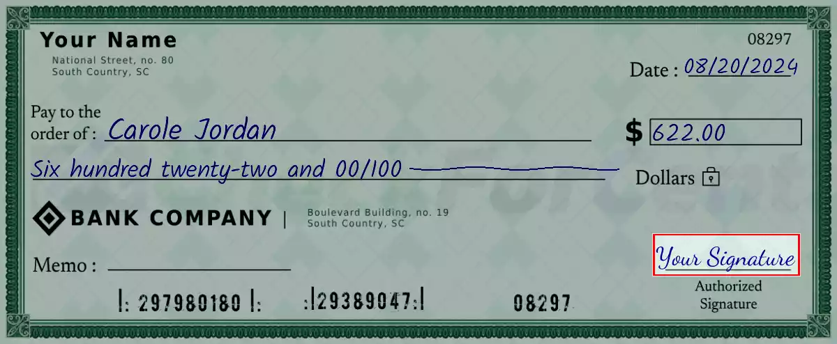 Sign the 622 dollar check