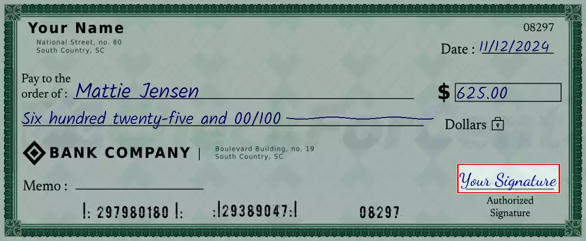 Sign the 625 dollar check
