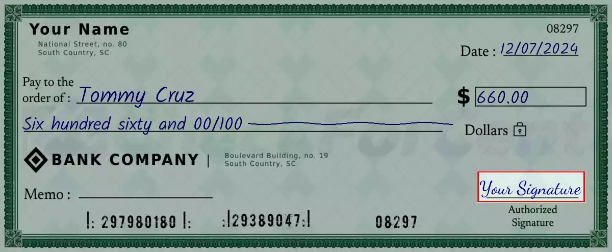 Sign the 660 dollar check