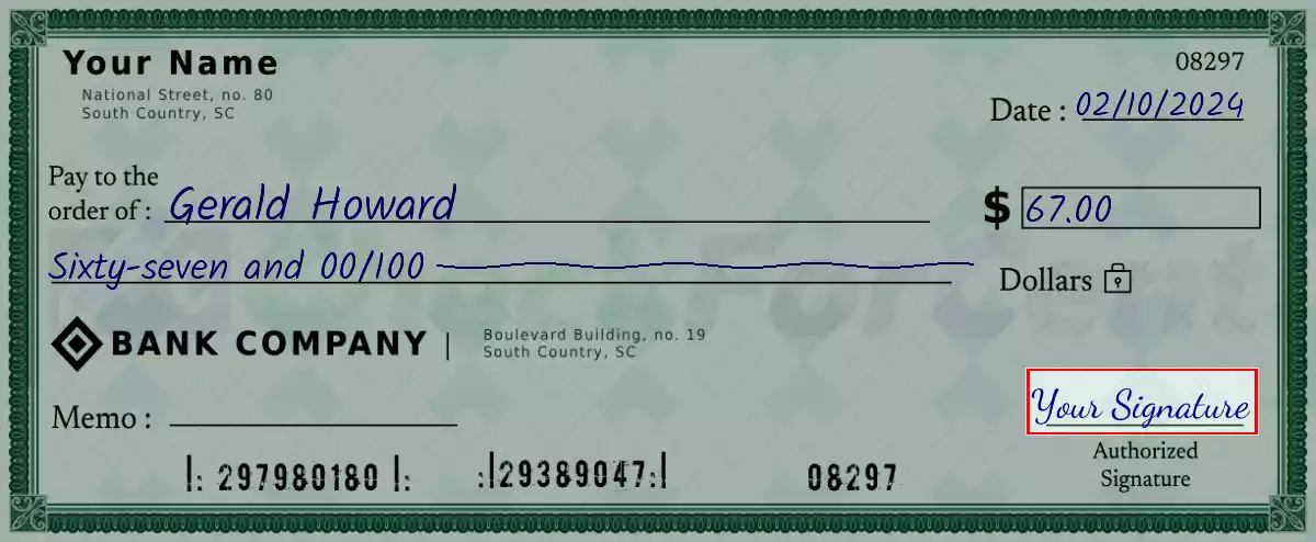 Sign the 67 dollar check