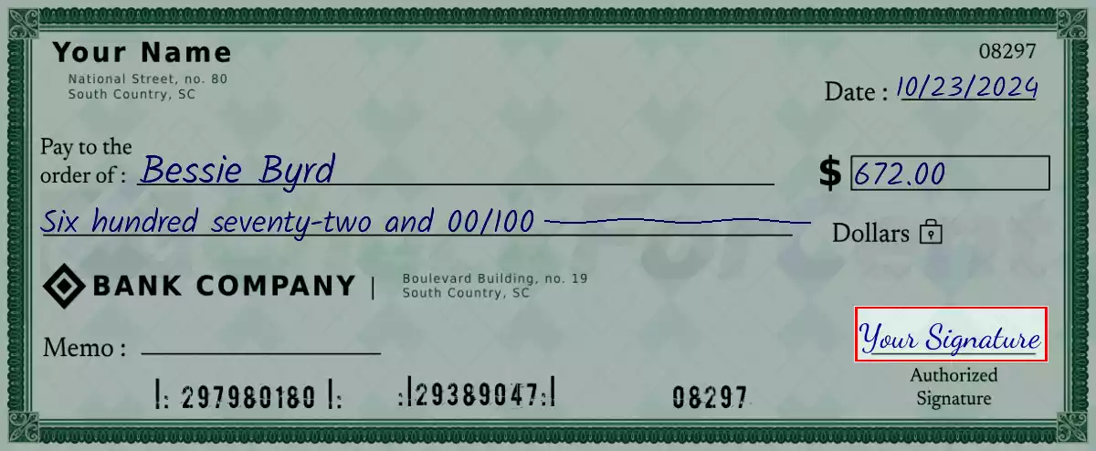 Sign the 672 dollar check