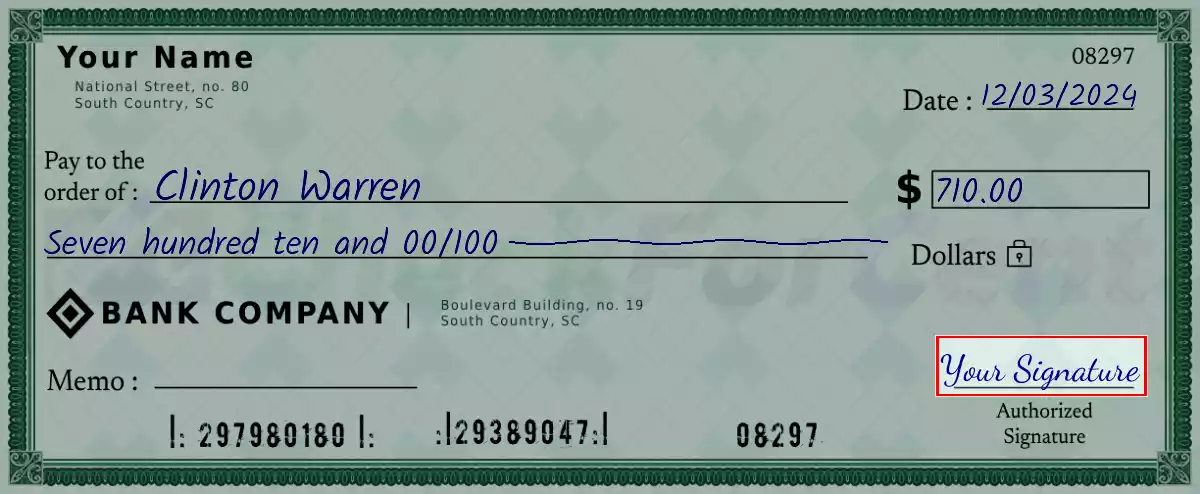 Sign the 710 dollar check