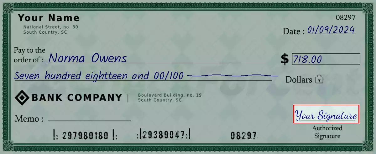 Sign the 718 dollar check
