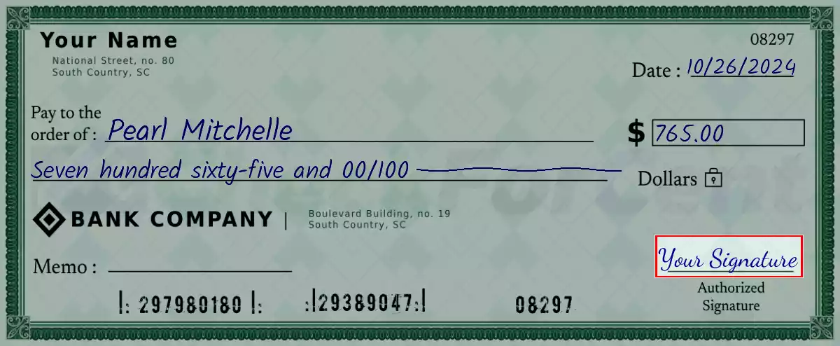Sign the 765 dollar check